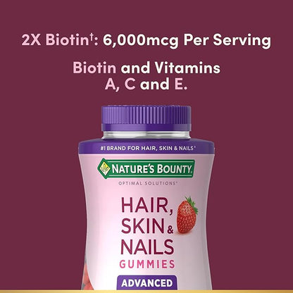 Nature's Bounty Optimal Solutions Advanced Hair, Skin, Nails, 2X Biotin, 80 Strawberry Gummies, 40 Total Servings (Pack of 3)
