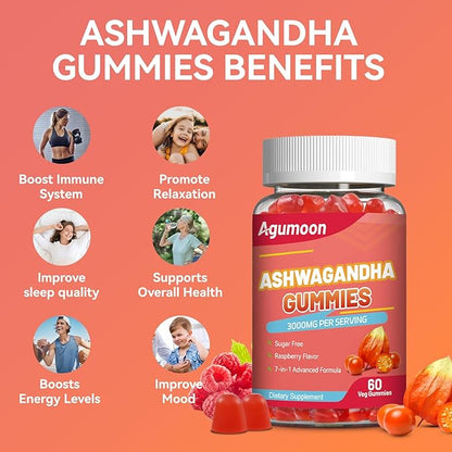 Ashwagandha Gummies 3000mg for Stress Relief, Calm & Relaxation Support with Magnesium & Vitamin D, Vegan, Gluten-Free, Natural Raspberry Flavor, 60 Count