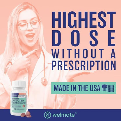 WELMATE Urinary Pain UTI Relief Maximum Strength (Phenazopyridine HCL) - Improve Urinary Tract Health & Bladder Control, Urgency, & Discomfort | Over-The-Counter Medication for Men & Women (72 Pills)