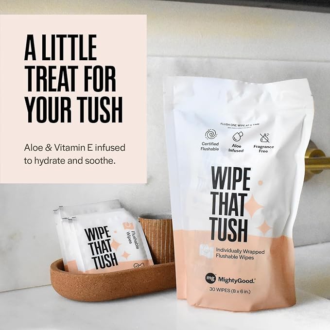 Wipe That Tush On-The-Go Flushable Wipes - 4 Packs of 30 Individually Wrapped Wipes, 120 Total - Fragrance Free - Extra Large & Soft - Hypoallergenic With Aloe & Vitamin E - Septic-Safe