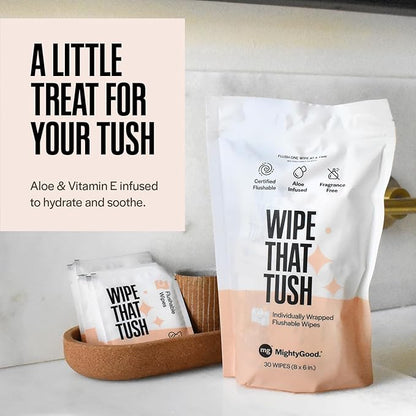 Wipe That Tush On-The-Go Flushable Wipes - 1 Pack of 30 Individually Wrapped Wipes - Fragrance Free - Extra Large & Soft - Hypoallergenic With Aloe & Vitamin E - Septic-Safe