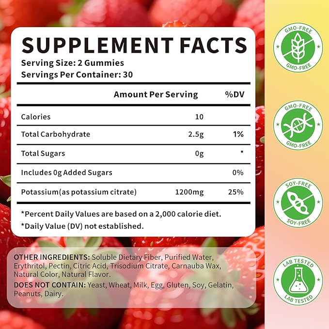 Potassium Citrate Gummies 1200mg for Adults, Women & Men Chewable Potassium Supplement for Muscle Health & Electrolyte Support Sugar Free, Strawberry Flavor, 60 Count