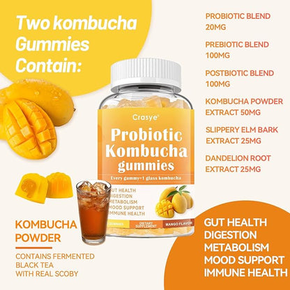 Probiotic Kombucha Gummies Sugar Free Prebiotic Postbiotic Probiotics Gummies with Slippery Elm for Women and Men Bloating Gut Health Immune and Digestive Support - 60 Gummies - 30 Servings