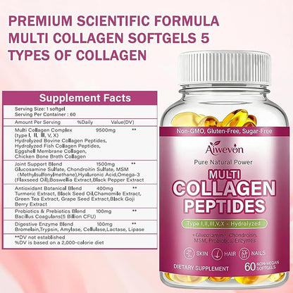 Multi Collagen Peptides Capsules 9500mg: Hydrolyzed Collagen Supplement Type I II III V X with Hyaluronic Acid Glucosamine MSM Probiotics Enzymes, Collagen for Skin Hair Nails Joints Women Men 60