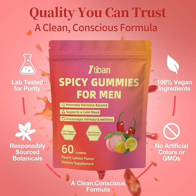Spicy Gummies Cubes for Couples, Adults Intimacy Hot Peach Gummy with Chili Pepper, Muira Puama, Maca Root and Epimedium, Plant-Based Daily Wellness Support, Vegan, Non-GMO – 60 Gummies