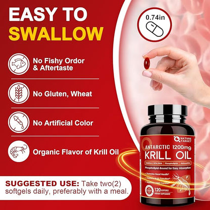 NATURE TARGET Krill Oil 1200mg with Omega-3 EPA & DHA with Astaxanthin, Phospholipids & Choline - Supports Heart, Brain, Join Health, Non-GMO, Gluten Free, 120 Softgels (60 Servings)
