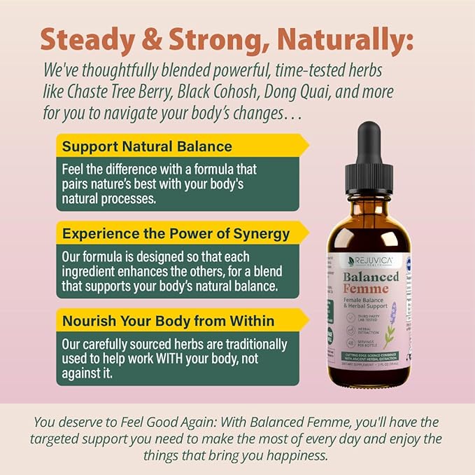 Rejuvica Health Balanced Femme - Menopause Support for Hot Flashes & Female Balance - Liquid Delivery for Better Absorption - Black Cohosh, Dong Quai, Vitex, Maca Root & More!