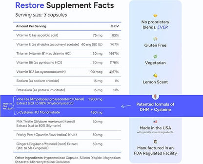 Cheers Restore | Supplement with DHM + L-Cysteine | Feel Better After Drinking & Support Your Liver | 12 Doses | Dihydromyricetin, Cysteine, Prickly Pear, B-Vitamins, Ginger