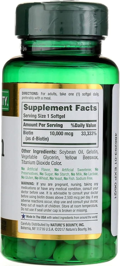 Nature's Bounty Biotin 10000 mcg, Supports Healthy Hair, Skin and Nails- Rapid Release Softgels- 120 Ct.,