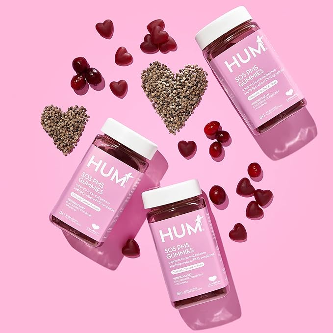 HUM Nutrition SOS PMS Gummies, PMS Support Supplement for Women, Support Cycle Symptoms, Bloating, Hormonal Balance, Includes Vitamin B6, Cranberry & Chasteberry Vitex, Gluten Free, 60 Vegan Gummies
