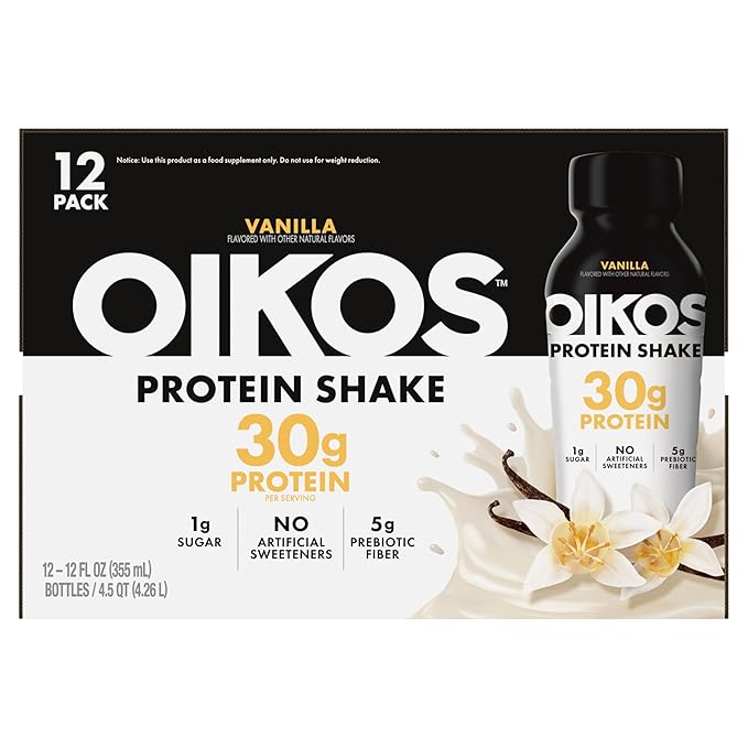 Oikos Protein Shake, Vanilla, 30g High Protein Drinks, Shelf Stable, Ready to Drink, 5g Prebiotic Fiber, 12 fl oz Bottle, 12 Count