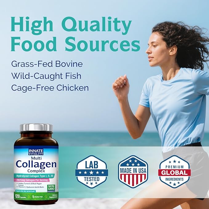 Innate Vitality Multi Collagen Peptides, Type I, II, III, Vitamin C, Biotin, Hyaluronic Acid & Turmeric, 2025mg Hydrolyzed Collagen for Women & Men, Skin, Hair & Nail Support, 120 Capsules