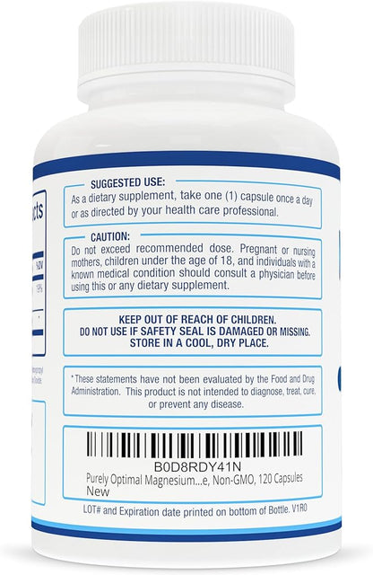 Purely Optimal Magnesium Citrate 500mg – Magnesium Supplement for Digestive Health, Gentle Constipation Relief, Muscle & Sleep Support, Calm & Relaxation – High Absorption, 120 Easy-to-Swallow Caps