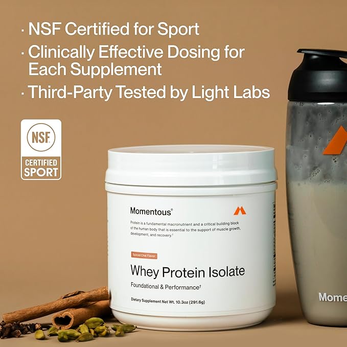 Momentous Essential Grass-Fed Whey Protein Powder - 20 g Whey Isolate Protein - NSF Certified for Sport - Gluten-Free - 12 Servings for Essential Everyday Use - Spiced Chai - Package May Vary