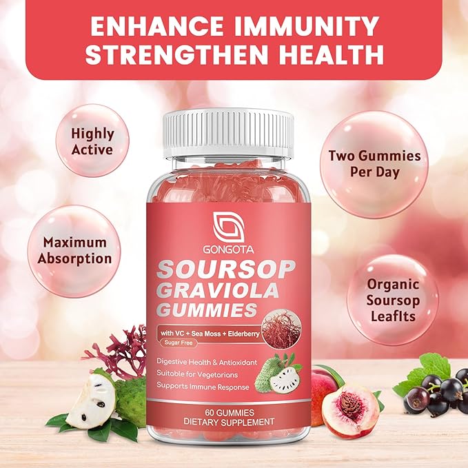 Soursop Graviola Gummies - 2200mg Extra Soursop Leaves Extract,Elderberry & Sea Moss & Zn, for Digestive, Immune, Antioxidant and Overall Health Support - Gluten Free, Vegan, 60 Gummies