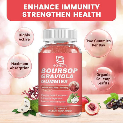 Soursop Graviola Gummies - 2200mg Extra Soursop Leaves Extract,Elderberry & Sea Moss & Zn, for Digestive, Immune, Antioxidant and Overall Health Support - Gluten Free, Vegan, 60 Gummies