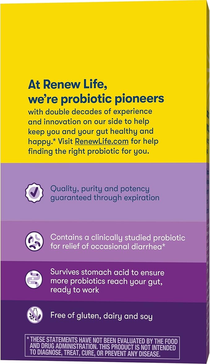 Renew Life Ultimate Flora Probiotic Capsules, Daily Supplement Relieves Occasional Digestive Upset and Diarrhea, Saccharomyces Boulardii, Dairy, Soy and gluten-free, 6 Billion CFU, 20 Count