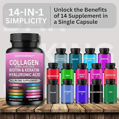 Multi Collagen Pills Peptides Types I, II, III, V & X MCG Biotin Keratin Hyaluronic Acid MSM Vitamin C Zinc Magnesium with Grape Seed Extract, Quercetin - Hair Skin and Nails Vitamins Capsule
