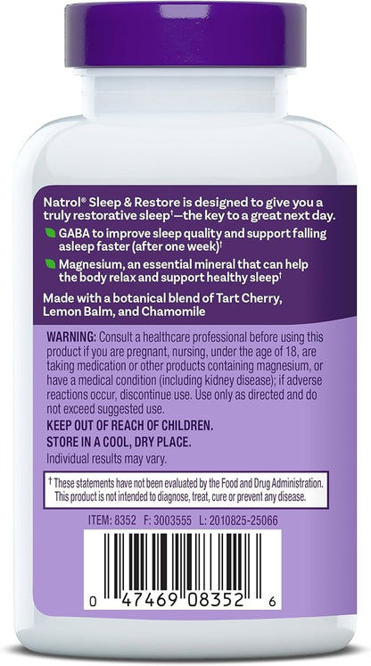 Natrol Sleep & Restore Capsules with Magnesium Glycinate 100mg,GABA,Essential for Your Ultimate Restorative Sleep,Melatonin-Free,30 Day Supply,(Pack of 2)