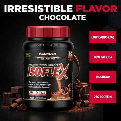 ALLMAX ISOFLEX Pure Whey Isolate Protein Powder - Gluten Free, Low Lactose, Sugar-Free - High-Protein, Clean, Keto-Friendly for Pre Post Workout Supplement for Women and Men | Chocolate, 2lb