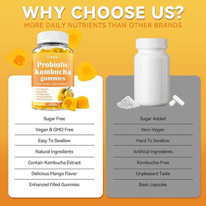 Probiotic Kombucha Gummies Sugar Free Prebiotic Postbiotic Probiotics Gummies with Slippery Elm for Women and Men Bloating Gut Health Immune and Digestive Support - 60 Gummies - 30 Servings