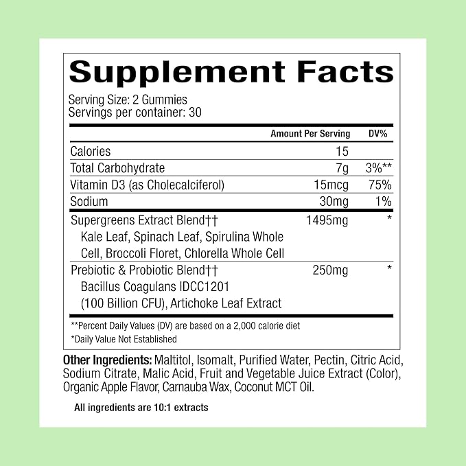 Plant People WonderGreens Veggie Gummies Super Greens with Probiotics Multivitamin Support Gummy for Wellbeing, Energy, Immune and Gut Health, Green Apple Flavor (60 Count)