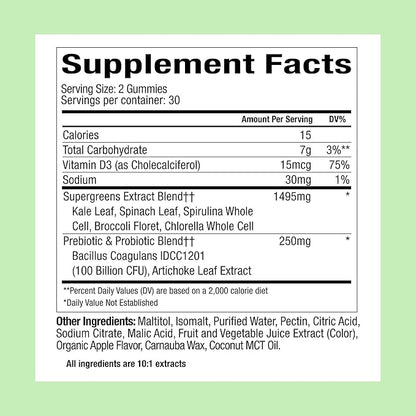 Plant People WonderGreens Veggie Gummies Super Greens with Probiotics Multivitamin Support Gummy for Wellbeing, Energy, Immune and Gut Health, Green Apple Flavor (60 Count)