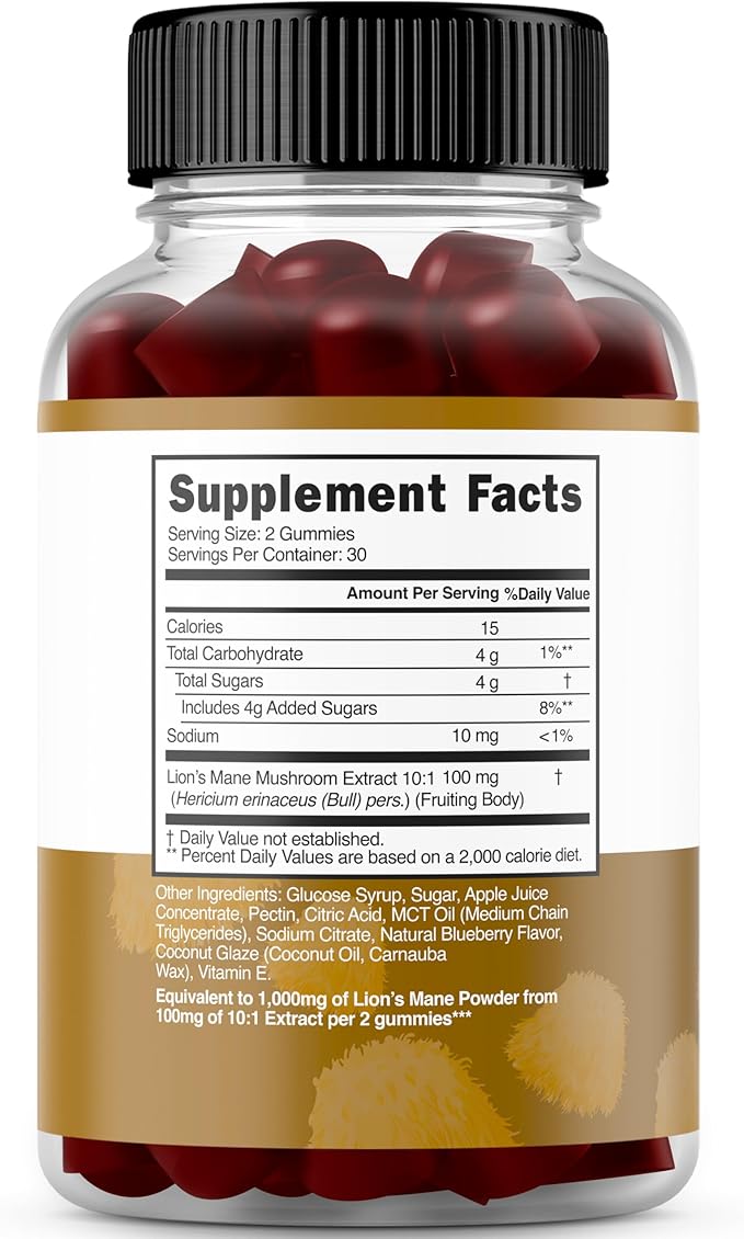 Lions Mane Mushroom Gummies (60 Count) Focus Gummies & Brain Mushroom Supplement for Adults - Delicious Blueberry Flavor - Premium Lions Mane Supplement - Third Party Tested, Vegan Safe & USA Made