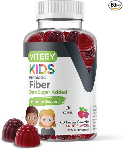 Viteey Prebiotic Kids Fiber for Constipation Relief, Digestive Health Regularity Support, Natural Weight Support - Fiber 4g, Zero Sugar Added, Vegan, Gluten Free - Tasty Chewable Fruit Flavored Gummy