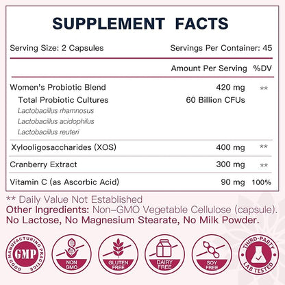 DRFOSTER Vaginal Probiotics for Women pH Balance with Prebiotics & Cranberry - Womens Probiotic Feminine Care Promote Healthy Vaginal Odor & Vaginal Flora, Support Gut Health & UTI - 90 Vegan Capsules