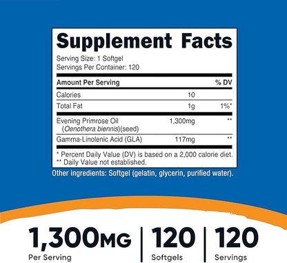 Nutricost Evening Primrose Oil 1,300mg, 120 Softgels - Cold Pressed, Non-GMO, Gluten Free, 120 Servings
