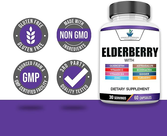 American Standard Supplements Elderberry Extract with Quercetin, Vitamin C, D3, Ginger, Zinc, Turmeric, Astragalus and Echinacea – 60 Capsules, 30 Servings