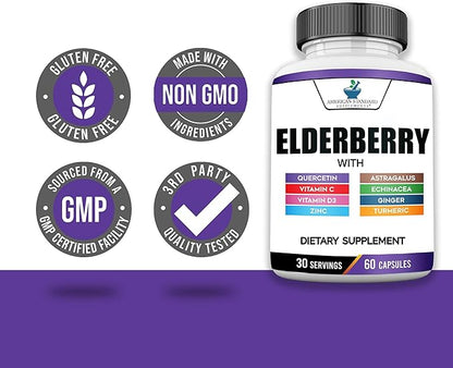 American Standard Supplements Elderberry Extract with Quercetin, Vitamin C, D3, Ginger, Zinc, Turmeric, Astragalus and Echinacea – 60 Capsules, 30 Servings