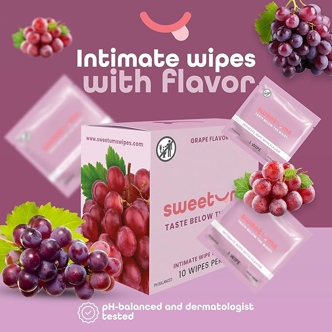Sweetums Feminine Wipes For Women, Individually Wrapped - pH Balanced Flavored Intimate Wipes - Grape, Pack of 10
