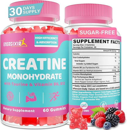 Creatine for Women, Creatine Monohydrate Gummies - No Bloating - Pre and Post Workout Chewables Supplement with Taurine & B6 - for Recovery, Strength, Energy & Booty, Performance, 60 Counts