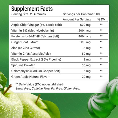 120 Premium Apple Cider Vinegar (ACV) Gummies, Formulated with Vitamin B12, Zinc, Ginger & Vitamin C,120 | Vegan - Gluten Free - Non GMO