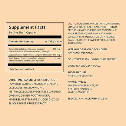 Amazon Elements Turmeric Complex, 316 mg Curcumin, 140 mg Ginger, 5 mg Black Pepper - Joint & Immune System, Healthy Inflammation Response - 65 Capsules (2 Month Supply) (Pack of 2)
