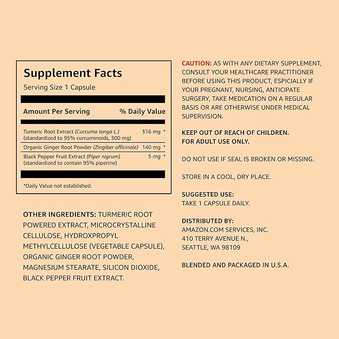 Amazon Elements Turmeric Complex, 316 mg Curcumin with Ginger and Black Pepper, Joint & Immune Support, 65 Capsules