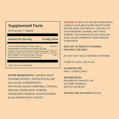 Amazon Elements Turmeric Complex, 316 mg Curcumin with Ginger and Black Pepper, Joint & Immune Support, 65 Capsules