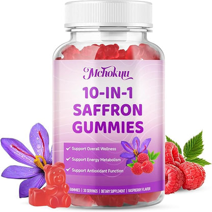 Saffron Supplement Gummies for Kids & Adults Supports Antioxidant Function with Ashwagandha, L-Theanine, Rhodiola Rosea, Lemon Balm, Vitamin D3, B6, Magnesium & Zinc – Raspberry Flavor, 120 Count