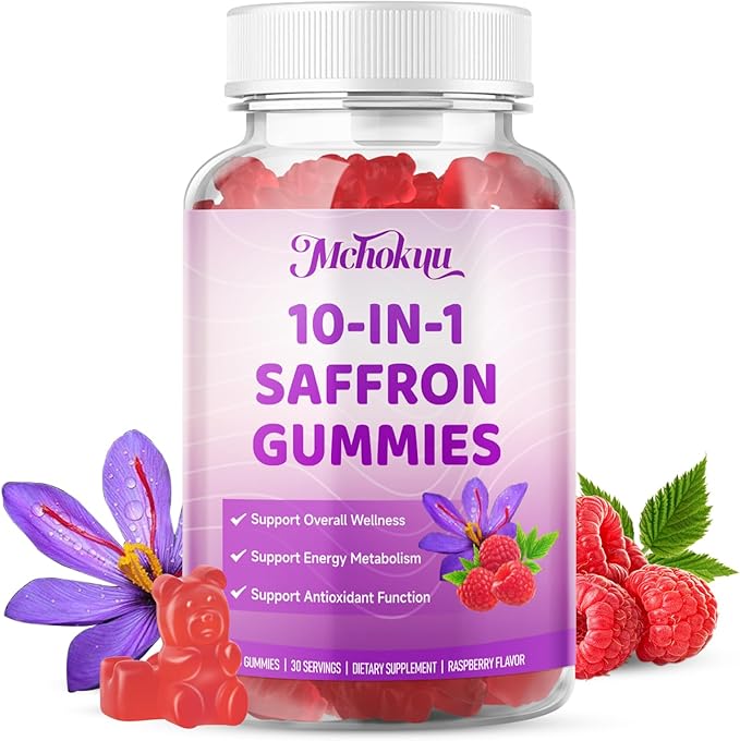 Saffron Supplement Gummies for Kids & Adults Supports Antioxidant Function with Ashwagandha, L-Theanine, Rhodiola Rosea, Lemon Balm, Vitamin D3, B6, Magnesium & Zinc – Raspberry Flavor, 60 Count