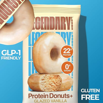 Legendary Foods Protein Donuts - 22g Protein, Glazed Vanilla, Zero Sugar Snack, Gluten Conscious, Low Carb, Keto Suitable, Diabetic and GLP-1 Diets - 8 Pack with Two Donuts per pack