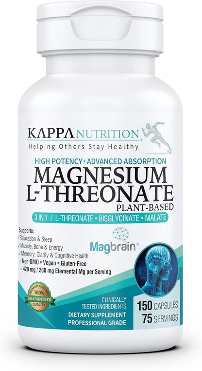 Kappa Nutrition Powered by Magbrain™ Magnesium L-Threonate Plant-Based, 150 Vegan Capsules, 420mg Elemental Magnesium (3 Capsules) from 2,253mg, Brain, Sleep & Muscle Support.
