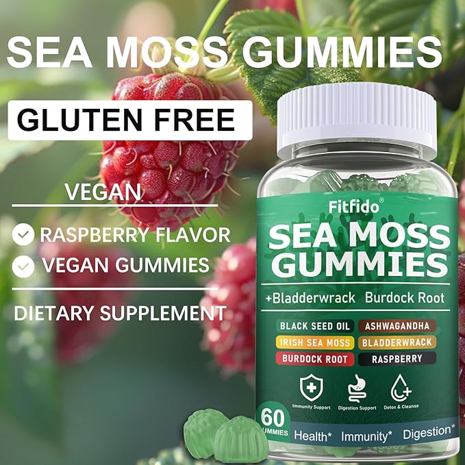 Irish Sea Moss 3000mg Gummies with Bladderwrack, Burdock Root & Manuka Honey - Immune, Thyroid & Detox Support - Seamoss Supplement, Extra Strength - Sugar Free & Vegan (60 Count, Raspberry)