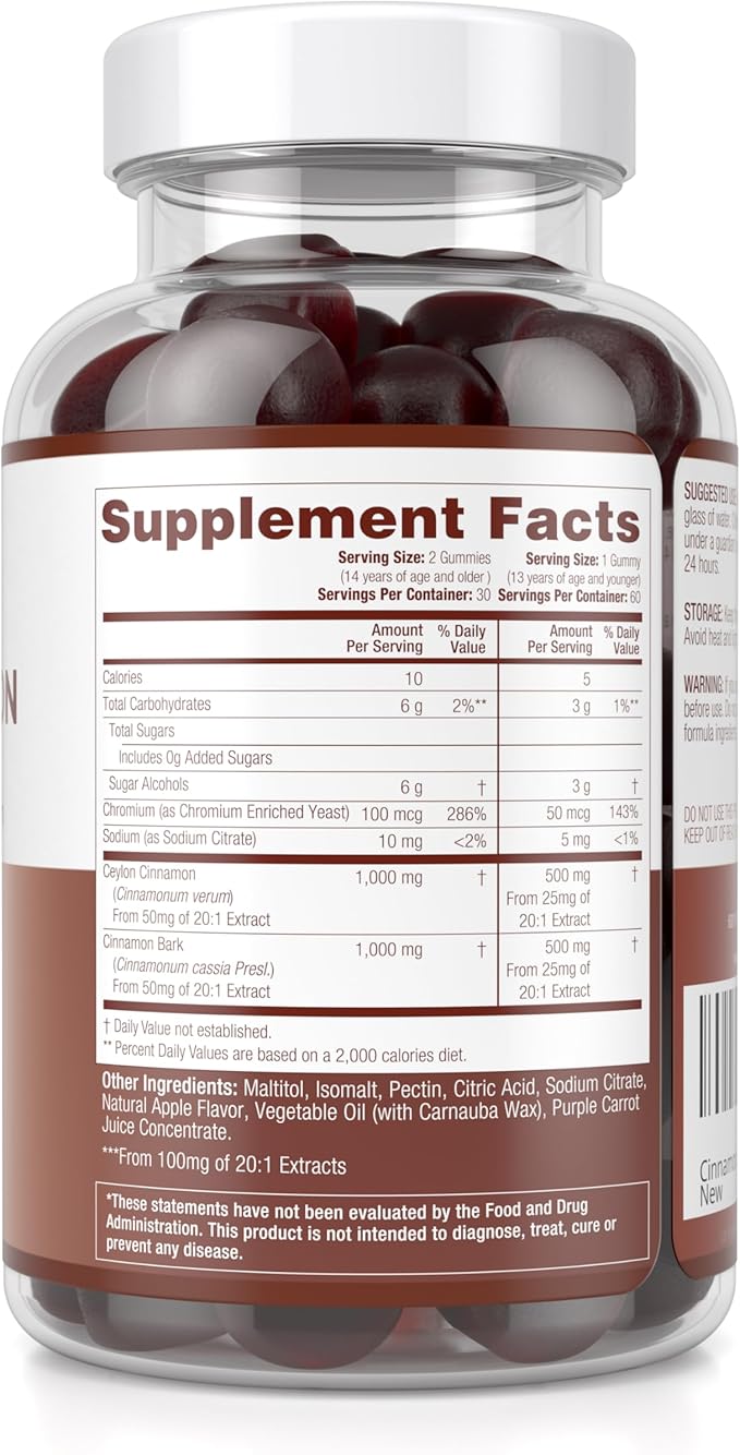 Sugar-Free Ceylon Cinnamon Gummies (2,000mg/Serving) – Vegan, Gluten-Free Herbal Supplement – Replace Cinnamon Capsules, Pills & Powders – 60 Chews