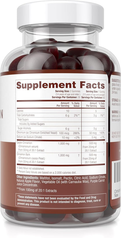 Sugar-Free Ceylon Cinnamon Gummies (2,000mg/Serving) – Vegan, Gluten-Free Herbal Supplement – Replace Cinnamon Capsules, Pills & Powders – 60 Chews