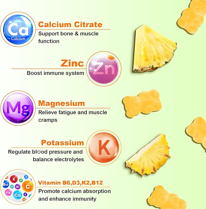 Calcium Citrate Gummies - Chewable Calcium Gummies for Bone, Muscle, Teeth, Immune Support, High Absorption Calcium Supplements for Women & Men Sugar Free Pineapple Flavor 120 Count