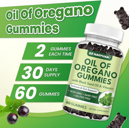 Oil of Oregano Gummies with Black Seed Oil + Vitamin D3, Oregano Oil Organic High Carvacrol, Immune & Digestive Support, Antioxidant Support, 60 Gummies