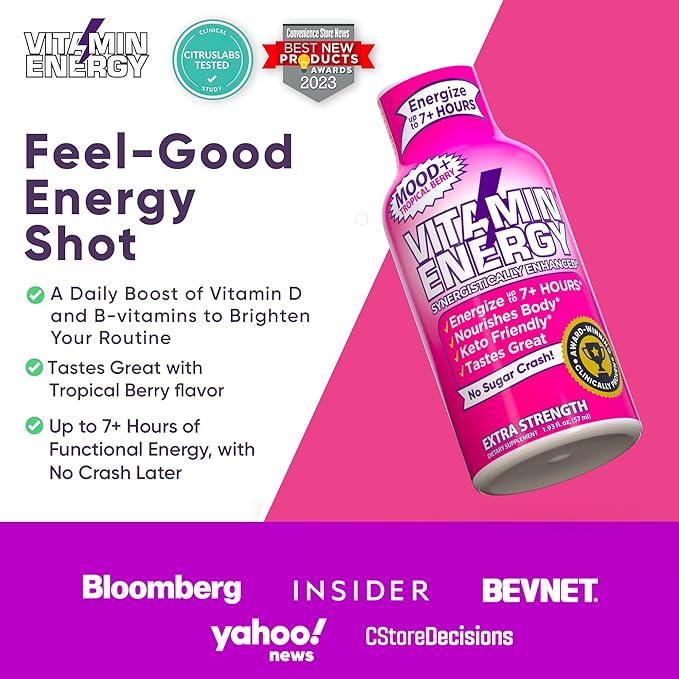 Vitamin Energy Mood+ Extra Strength Energy Shot Tropical Berry 8 Pack, 260mg Natural Caffeine, B-Vitamins, Rhodiola, Chamomile, Mood & Energy Support, Zero Sugar, Gluten-Free, Vegan, 1.93 fl oz