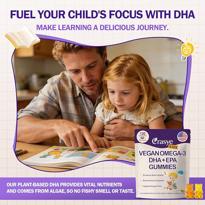 Omega 3 Gummies for Kids & Teens - Sugar Free Omega DHA & EPA Supplement Gummy for Children Brain and Immunity - No Fish Burps, Vegan - 120 Gummies